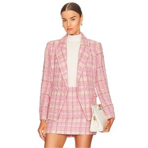 REVOLVE BARDOT PINK BOUCLE TWEED BLAZER AND MINI SKIRT